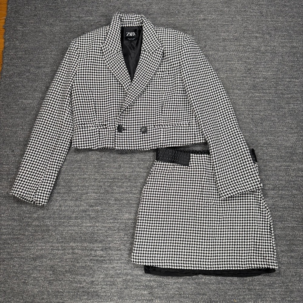 Zara Houndstooth Tweed Cropped Blazer Mini Skirt Set Women Small Black White